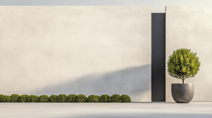 Modern minimalist garden with a neatly trimmed hedge and a single potted tree against a textured wall under bright sunlight