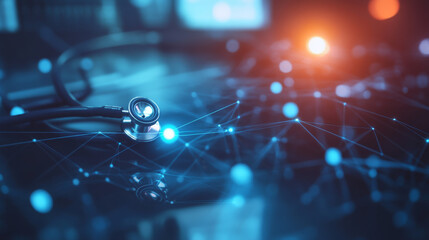 
Medical technology concept focusing on the diagnosis and treatment of medical conditions. A doctor interacts with a stethoscope and touch icons, while medical technology analyzes data on a network.
