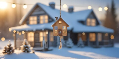 A small wooden house-shaped ornament hanging on a string against a blurred winter landscape with snow and lights in the background.