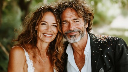 Fototapeta premium Radiant Mature Bride And Groom, Showered With Confetti, Sharing A Happy Moment On Their Wedding Day.