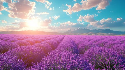 Fototapeta premium Field of lavender in full bloom under a bright blue sky with fluffy clouds