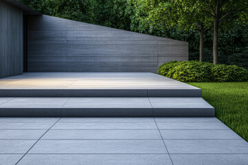 Modern outdoor steps lead to a minimalist structure surrounded by lush greenery on a sunny day