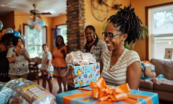 Joyful Baby Shower Celebration: A pregnant woman beams with delight as she receives a gift at a heartwarming baby shower, surrounded by loved ones. The scene is filled with warmth and anticipation, ca