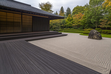 Zen garden with raked gravel and stone in a tranquil Japanese landscape setting during autumn
