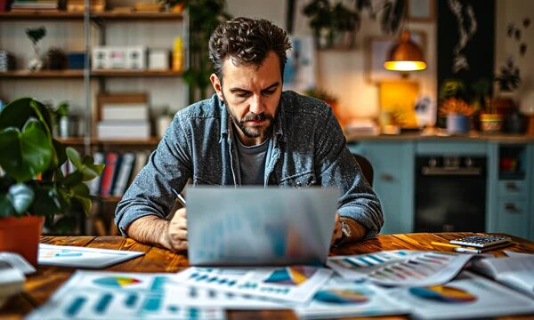 The Weight of Numbers: Focused entrepreneur wrestles with financial data, illuminating the challenges and determination of remote work.