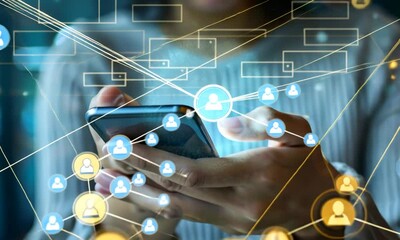 Connecting the Dots: A woman navigates a complex network of digital connections on her smartphone, symbolizing the power of technology in modern communication and social interaction. 