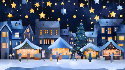 Obraz premium A cheerful cartoon Christmas market with cozy stalls, twinkling lights, and festive decorations. The night fair sparkles with joy and holiday cheer