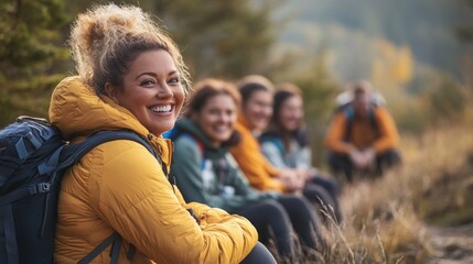 Fototapeta premium Embracing Nature and Friendship: Joyful Obese Woman Hiking with Supportive Friends on Scenic Trail