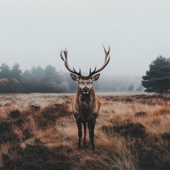 Red deer stag standing in heath with big antlers.
