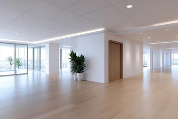 Obraz premium Modern office interior featuring spacious layout, natural light, and minimalist design with a touch of greenery.