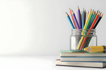 Fototapeta premium Books stacked with a jar of colorful pencils on top, isolated on white background