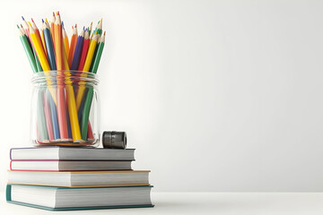 Fototapeta premium Books stacked with a jar of colorful pencils on top, isolated on white background