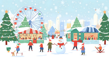 A cheerful cartoon Christmas market with cozy stalls, twinkling lights, and festive decorations. The night fair sparkles with joy and holiday cheer
