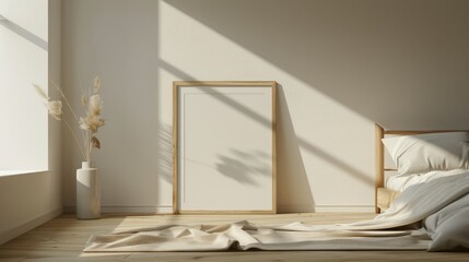 empty vertical picture frame sitting on the floor in front of a bed, interior design aesthetic with white walls and light wood floors, closeup shot, warm sunlight