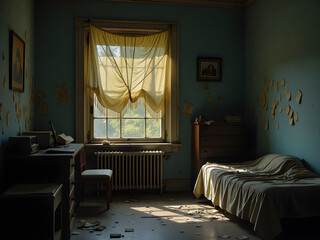 Nostalgic Abandoned Bedroom with Vintage Ambiance, Faded Blue Walls, Natural Lighting and Gentle Shadows from Sheer Yellow Curtains - Evocative Melancholy Atmosphere in Forgotten Space