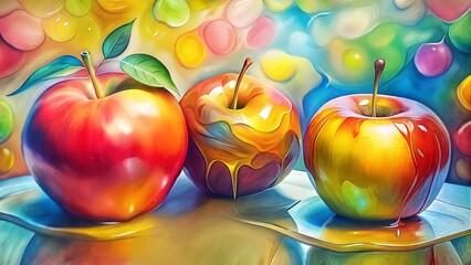 Three colorful apples with vibrant colors on abstract background
