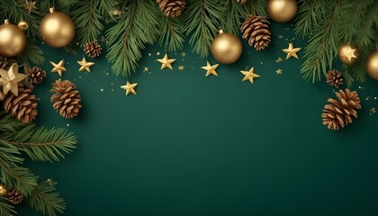 Green Christmas background with pine branches, golden stars, and pine cones.