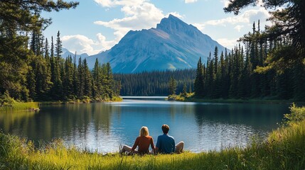 A couple sits by a lake, admiring the view of a majestic mountain range.