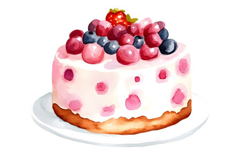 Cherry Cake Watercolor illustration isolated on white	