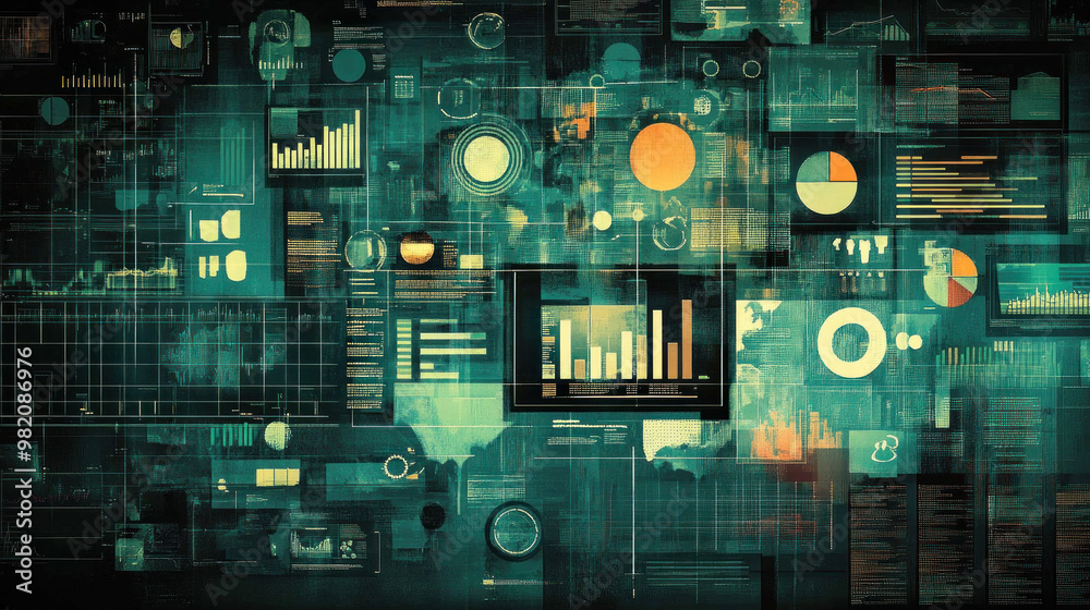 Poster a computer screen with many different graphs and numbers. concept of complexity and information over
