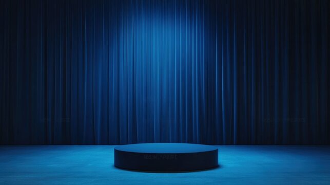 A dramatic stage scene featuring a circular podium illuminated by a soft blue light, ideal for performances or presentations.