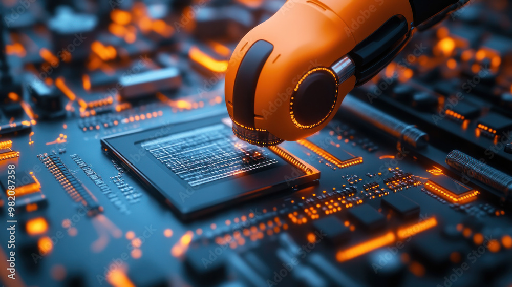 Poster a robot is poking at a computer chip. the robot is on a circuit board
