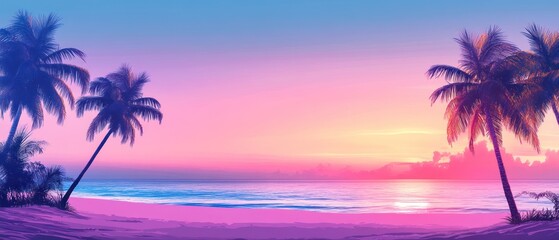 A serene beach scene at sunset with palm trees and vibrant colors.