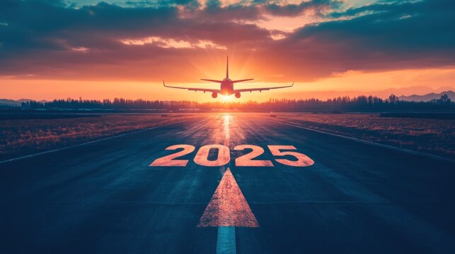 An airplane taking off from a runway at sunset, with "2025" painted on the tarmac, symbolizing the anticipation of future travel and adventures.