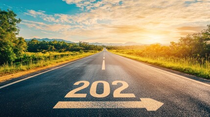 A scenic highway at sunset with the number "202" painted on the asphalt, leading towards a horizon framed by verdant landscapes and a glowing sky.