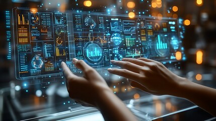 Hands navigating a holographic dashboard filled with stock market analytics, business projections, and financial insights, illuminated by neon blue and green lights,