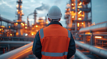 Fototapeta premium Rear view of engineer worker in uniform and hard hat against background of pipeline and pipe rack of oil industrial plant.
