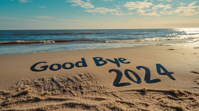 "Good Bye 2024" message written in the sand on a beach with the ocean in the background, signaling the end of the year at sunset.