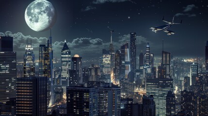 Obraz premium Night Cityscape with a Full Moon