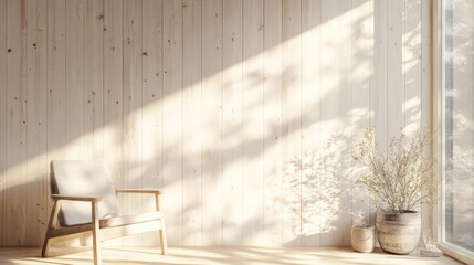 A serene, minimalist room with natural light streaming through a window, featuring a wooden chair and potted plants for a calm, peaceful ambiance.