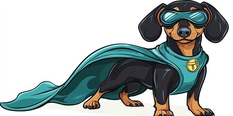 Superhero dachshund dog wearing red cape and sunglasses flying in a comic book style.