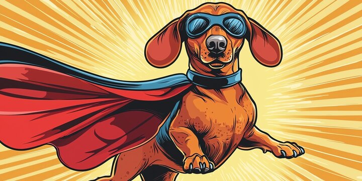 Superhero dachshund dog wearing red cape and sunglasses flying in a comic book style.