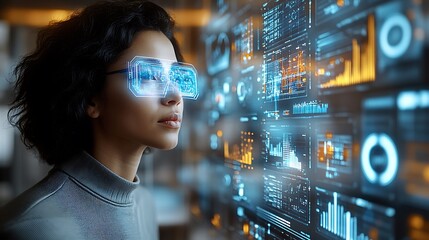 A business leader immersed in a glowing holographic interface, surrounded by floating graphs, global market data, and growth trends, illuminated by soft neon blue light,