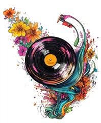 Obraz premium A vibrant illustration of a vinyl record surrounded by colorful flowers and flowing waves.