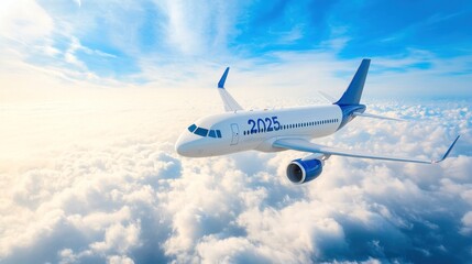 Obraz premium An airplane flying high in the sky amidst fluffy clouds with the sun shining bright and the year 