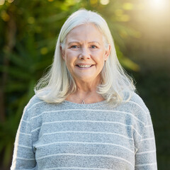 Portrait, smile and senior woman outdoor for holiday, vacation and life insurance in spring. Face,...