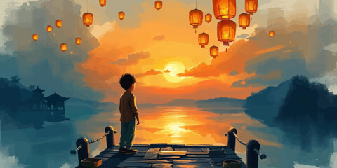 Landscape A young boy  with glowing sky lanterns floating in the sky digital vector illustration. © Sakib