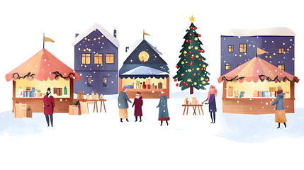 Fototapeta premium Christmas night fair filled with festive stalls, bright lights, and holiday magic. The joyful market glows under the sparkling stars