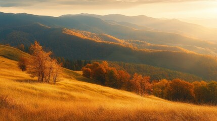 Rolling autumn hills bathed in golden sunlight, a serene panorama of the Carpathian Mountains in Ukraine.