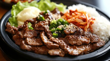 A delicious meal featuring marinated beef, rice, kimchi, and vegetables on a black plate.