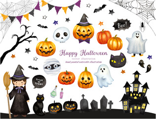 水彩手書きタッチのハロウィンモチーフのかわいいフレームデザインセット