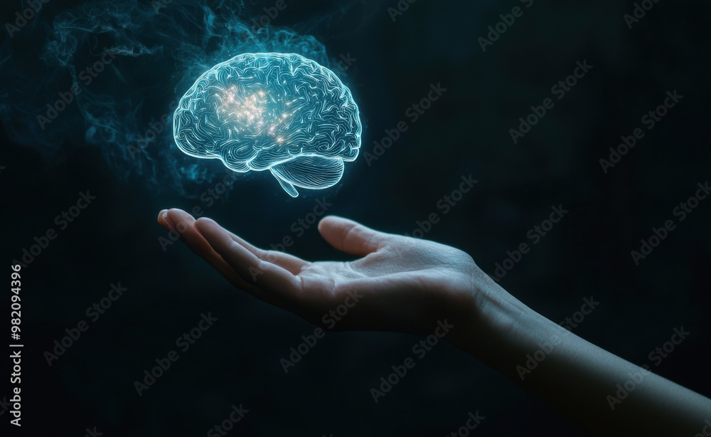 Poster hand holding glowing digital brain representing artificial intelligence