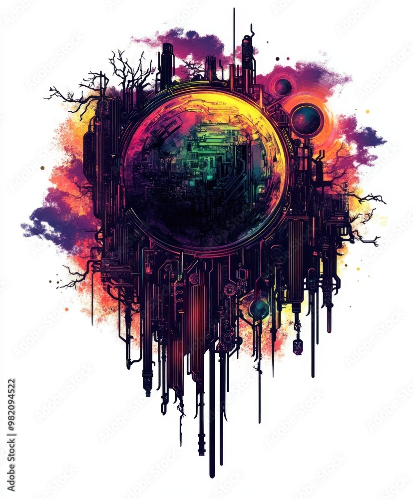 Wall mural A vibrant, abstract representation of a futuristic world with colorful elements and structures.