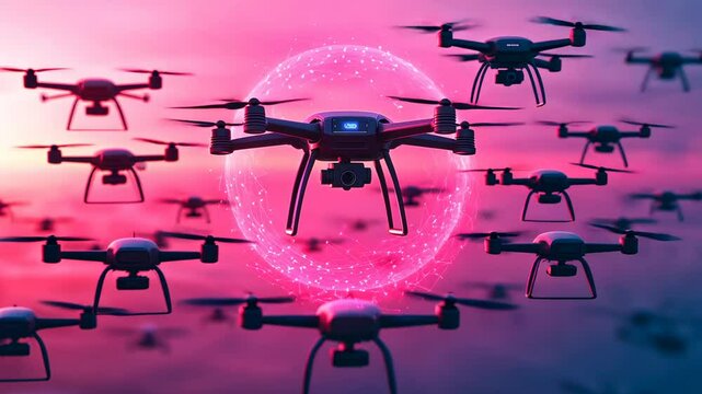 A mesmerizing scene of multiple drones flying in a vibrant