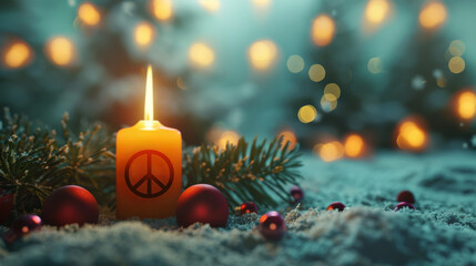 Christmas Background with Lit Candle and Peace Symbol Festive Serenity