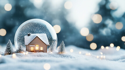 A cozy house inside a snow globe, surrounded by snow and evergreen trees, creating a magical winter wonderland scene.